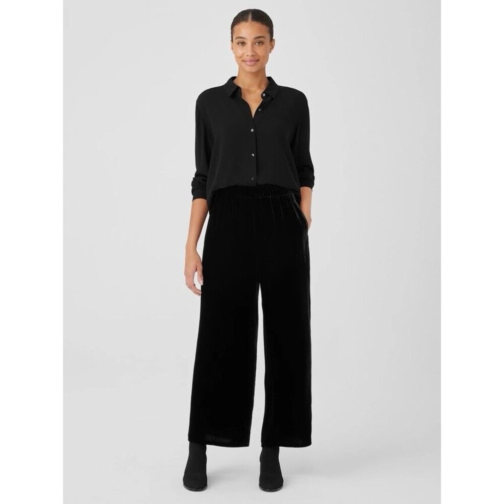 Eileen Fisher Velvet Silk Blend Wide Leg Ankle Black Pants Chic $288 Large